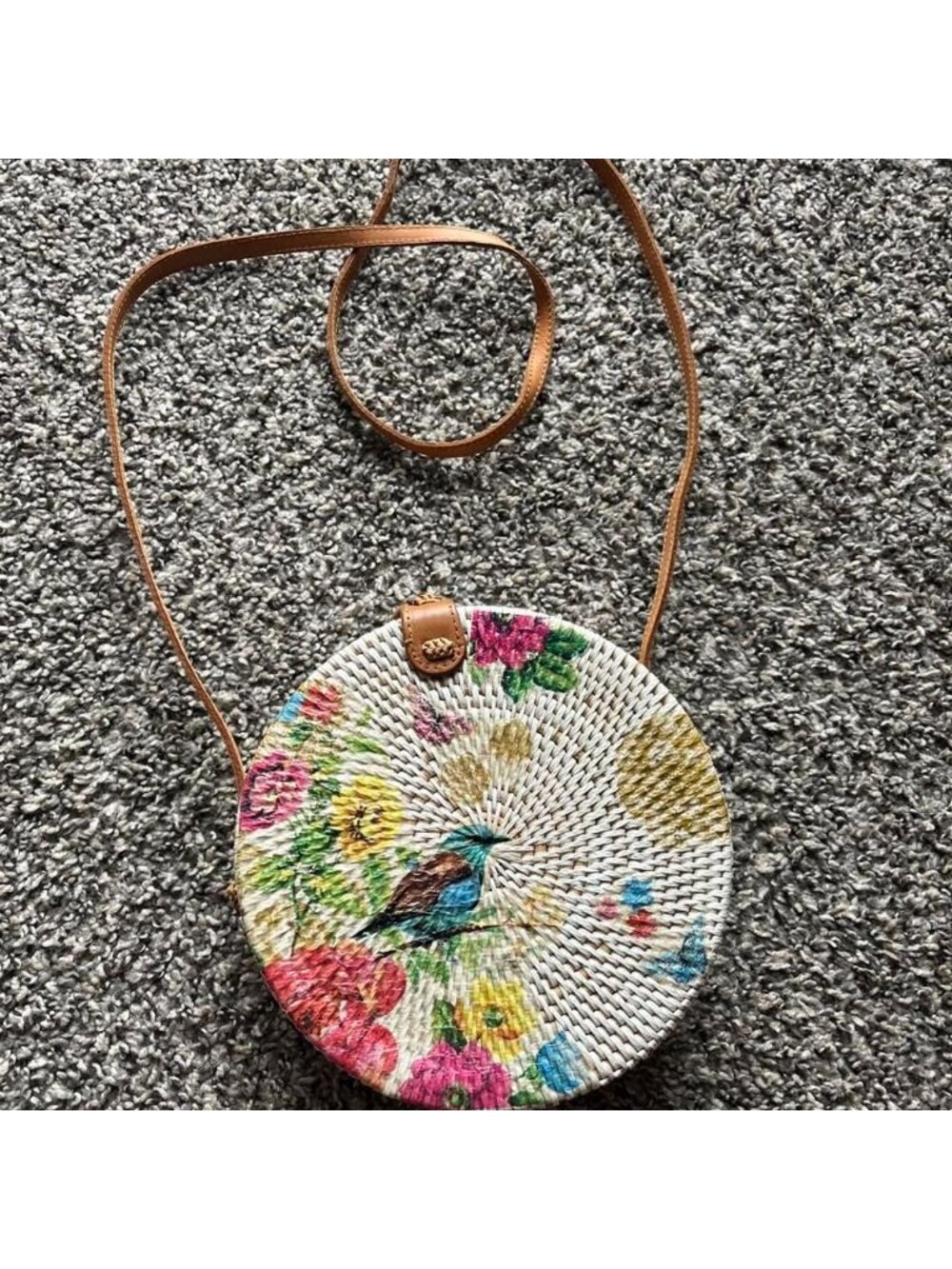 Floral Bird Print Round Crossbody Wicker Woven Japanese Nature Boho Summer